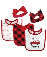 Hudson Baby Baby Girls Cotton Bib and Headband or Caps Set, Red Truck Bows, One