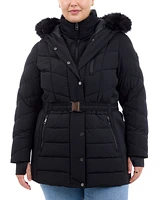 Michael Kors Plus Belted Faux-Fur-Trim Hooded Puffer Coat