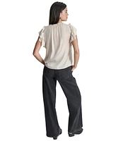 Dkny Jeans Women's Ruffle-Trim Split-Neck Top