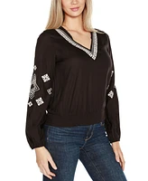 Belldini Black Label Women's Embroidered Blouson Sleeve V-Neck Blouse Top