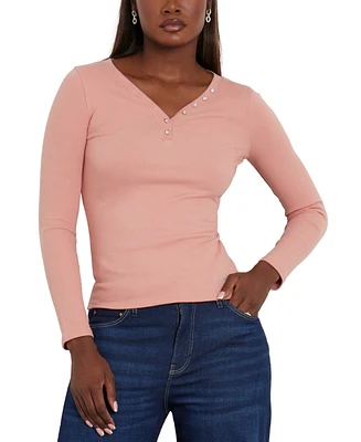 Guess Women's Kyla Ribbed Henley Long-Sleeve Top