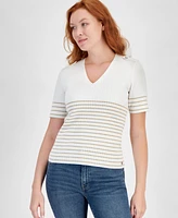 Nautica Jeans Women's Metallic-Stripe Short-Sleeve Sweater