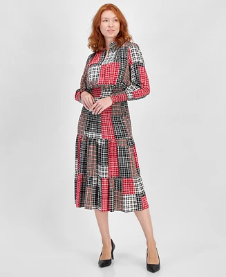 Nautica Jeans Women's Plaid Smocked Long-Sleeve Midi Dress