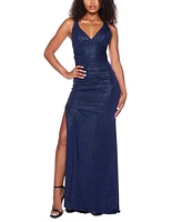 B Darlin Juniors' Glitter-Knit Plunge-Neck Side-Slit Gown