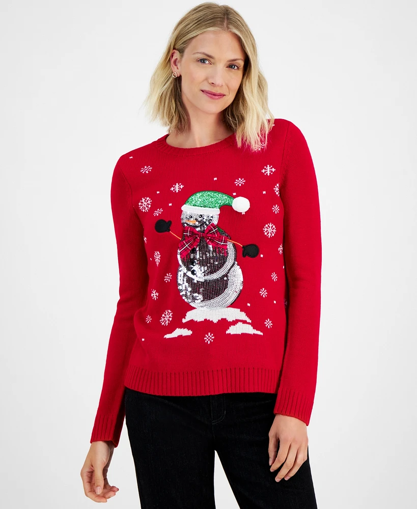 Holiday Lane Women's Sequined Snowman Crewneck Sweater, Created for Macy's