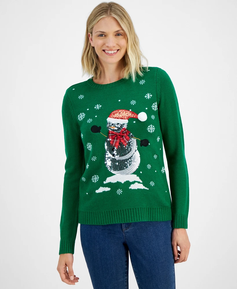 Holiday Lane Women's Sequined Snowman Crewneck Sweater, Created for Macy's