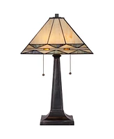 Art Deco Tiffany Style Accent Table Lamp 21.5" High Mission Bronze Brown Antique Cream Amber Stained Glass Shade Decor for Living Room Bedroom House B