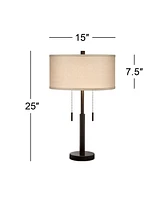 Franklin Iron Works Bernie Industrial Nightstand Table Lamp 25" High Set of 2 with Hotel Style Usb Charging Port Rich Bronze Metal Fabric Drum Shade f