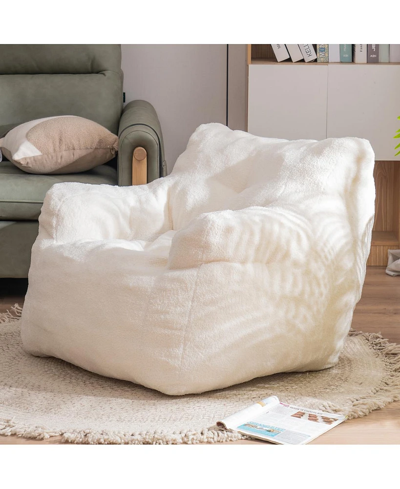 Simplie Fun Soft Tufted Foam Bean Bag Chair With Teddy Fabric Ivory White