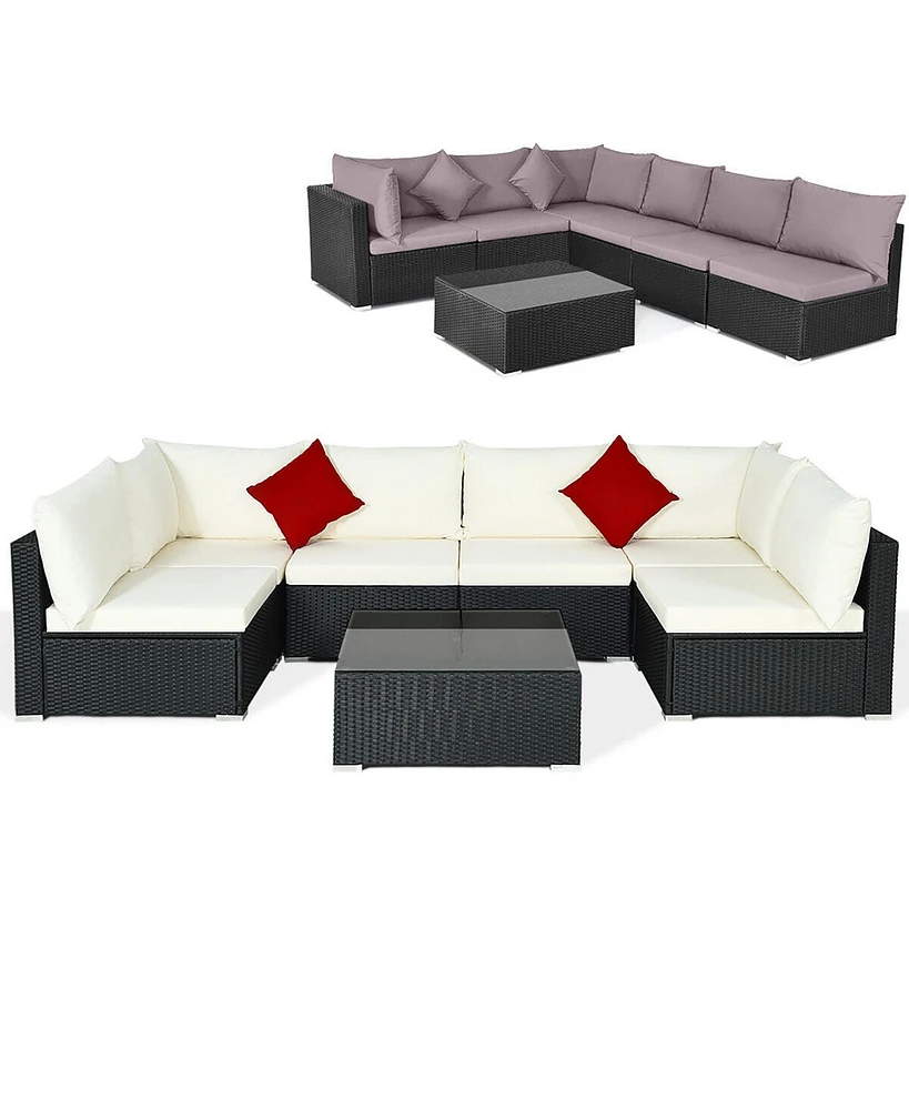 Gymax 7PCS Rattan Patio Conversation Sectional Furniture Set w/ Cushion Pillow