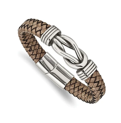 Chisel Stainless Steel Antiqued and Braided Tan Leather Bracelet