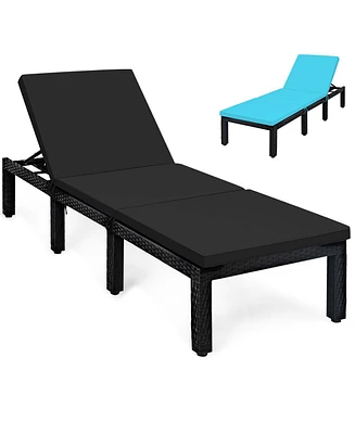 Gymax Adjustable Rattan Patio Chaise Lounge Chair Couch w/ Black & Turquoise Cushion