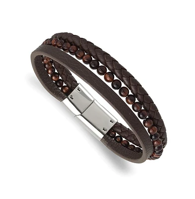 Chisel Stainless Steel Tiger's Eye Beaded Brown Leather Bracelet