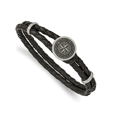 Chisel Stainless Steel Brushed Compass Black Woven Leather Bracelet