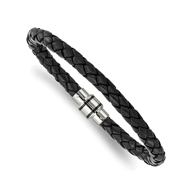 Chisel Stainless Steel Black Ip-plated Black Braided Leather Bracelet