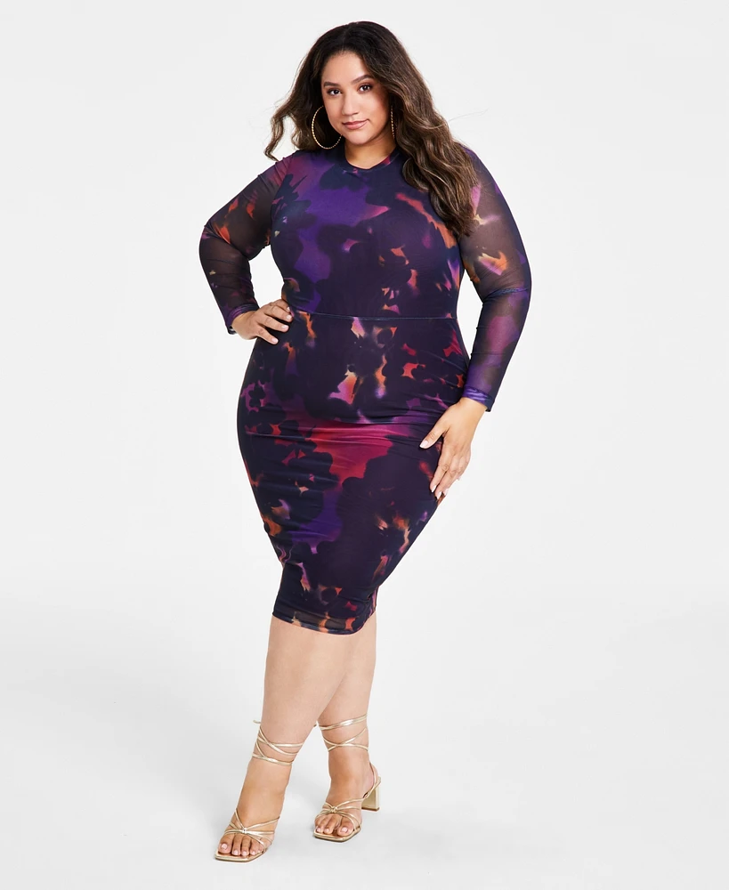 Nina Parker Trendy Plus Size Scoop-Neck Long-Sleeve Mesh Dress