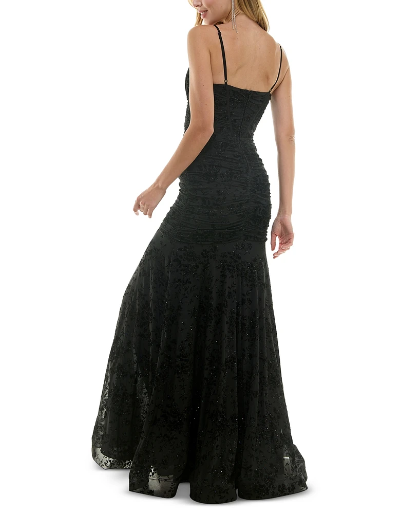 City Studios Juniors' Flocked Glitter Mesh Ruched Corset Gown