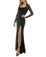 City Studios Juniors' Square-Neck Side-Slit Glitter Gown