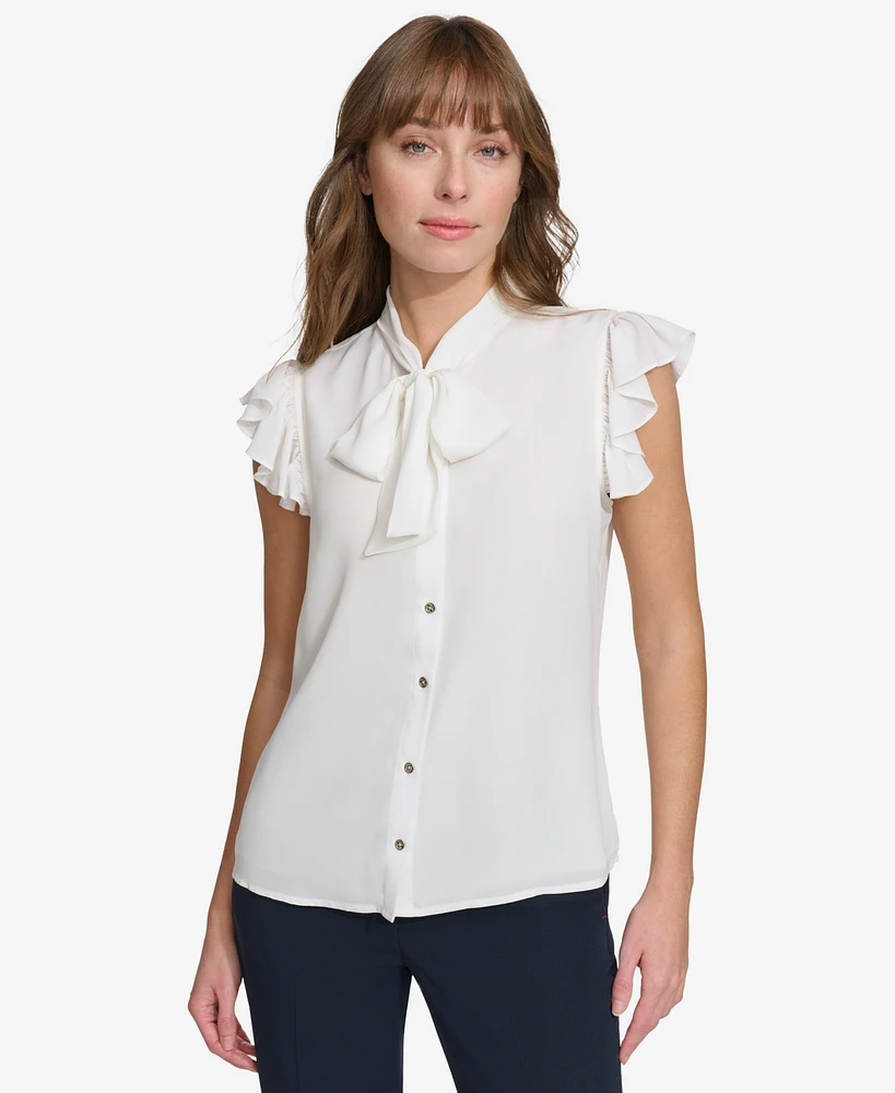 Tommy Hilfiger Women's Flutter-Sleeve Tie-Neck Blouse