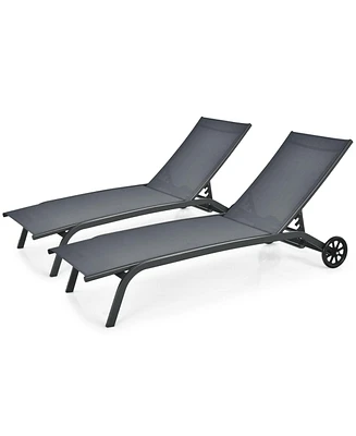 Gymax Set of 2 Outdoor Chaise Lounge Chair Adjustable Patio Recliner w/ Wheels Grey