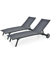 Gymax Set of 2 Outdoor Chaise Lounge Chair Adjustable Patio Recliner w/ Wheels Grey