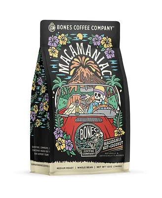 Bones Coffee Company Macamaniac Flavored Whole Coffee Beans Macadamia and Coconut Flavor | 12 oz Flavored Coffee Gifts Low Acid Medium Roast Flavored