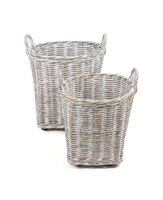 Jonathan Y Arbour Rustic Hand-Woven Rattan Nesting Baskets with Wheels and Handles, White Wash/Kubu Gray (Set of 2)