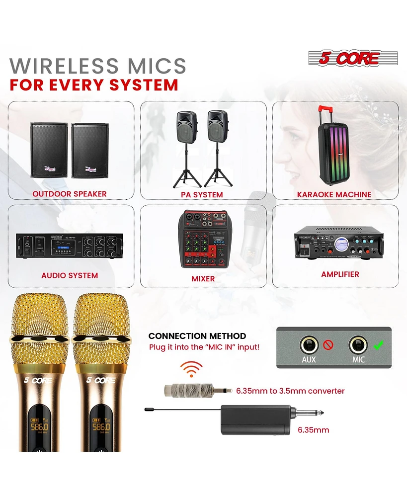 5 Core Wireless Microphones Pair Uhf Professional Handheld Microfonos Inalambricos Dual Cordless Mic System for Karaoke Singing Wedding Dj Party Speec