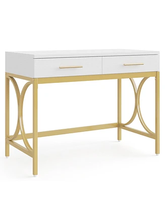 Tribesigns Modern Computer Desk with 2 Drawers, 41 Inches Study Writing Office Desk for Home Office, Bedroom, Makeup Vanity Table Desk with Gold Metal