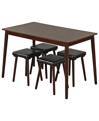 Slickblue 5 Piece Dining Table Set for 4 with 4 Upholstered Stools and Rubber Wood Legs-Brown