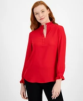 Anne Klein Women's Notched Ruffled-Neck Long-Sleeve Top