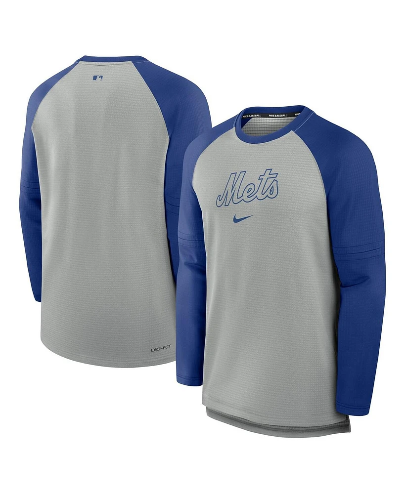 Nike Men's Heather Gray/Royal New York Mets Authentic Collection Game Time Raglan Performance Long Sleeve T-Shirt