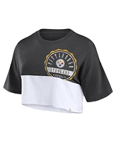 Fanatics Women's Black/White Pittsburgh Steelers Boxy Color Split Cropped T-Shirt