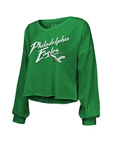 Majestic Women's Threads Saquon Barkley Kelly Green Philadelphia Eagles Name Number Off-Shoulder Script Cropped Long Sleeve V-Neck T-Shirt