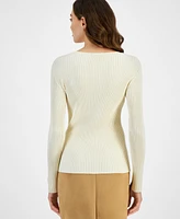 Tahari Asl Women's Twisted Keyhole Long Sleeve Ribbed Knit Top