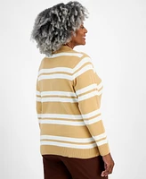 Style & Co Plus Striped Johnny-Collar Pullover Sweater, Created for Macy's