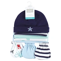Hudson Baby Baby Boys Hudson Cotton Cap and Scratch Mitten Set, Ocean Friends, 0-6 Months