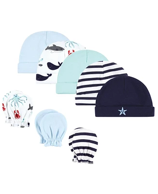 Hudson Baby Baby Boys Cotton Cap and Scratch Mitten Set, Ocean Friends, 0-6 Months