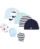 Hudson Baby Baby Boys Cotton Cap and Scratch Mitten Set, Ocean Friends, 0-6 Months