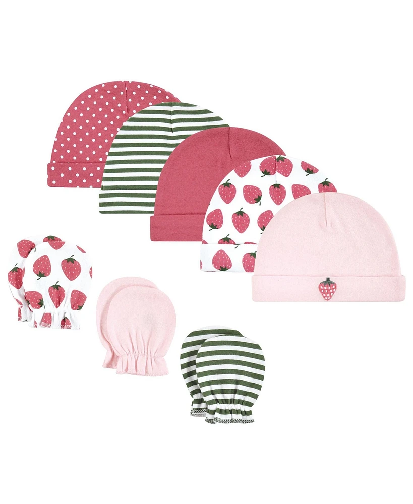 Hudson Baby Baby Girls Cotton Cap and Scratch Mitten Set, Strawberry, 0-6 Months