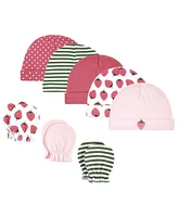 Hudson Baby Baby Girls Cotton Cap and Scratch Mitten Set, Strawberry, 0-6 Months