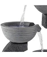 John Timberland Three Cup Japanese Style Outdoor Floor Water Fountain with Light Led 31 1/2" High Gray Faux Stone Cascading for Patio Backyard Deck Ho