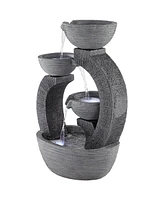 John Timberland Three Cup Japanese Style Outdoor Floor Water Fountain with Light Led 31 1/2" High Gray Faux Stone Cascading for Patio Backyard Deck Ho