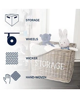 Jonathan Y Yael Coastal Hand-Woven "Storage" Rattan Basket with Wheels and Handles, Kubu Gray