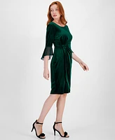 Connected Women's Velvet Side-Gathered Bell-Sleeve Dress