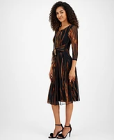 Connected Women's Printed Tie-Waist Mesh-Sleeve Dress