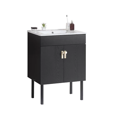 Simplie Fun 24" Modern Bathroom Vanity with Ceramic Sink, Soft-Close Doors, Black