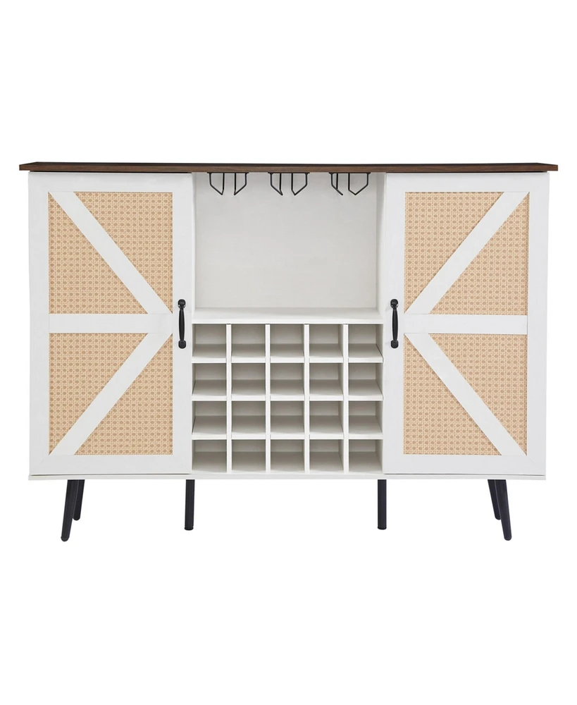 Simplie Fun White Faux Rattan Wine Cabinet with Wine Rack & Glass Holder