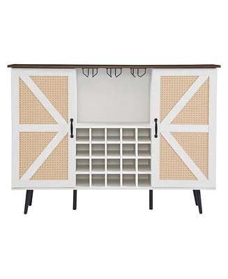 Simplie Fun White Faux Rattan Wine Cabinet with Wine Rack & Glass Holder