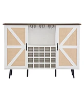 Simplie Fun White Faux Rattan Wine Cabinet with Wine Rack & Glass Holder